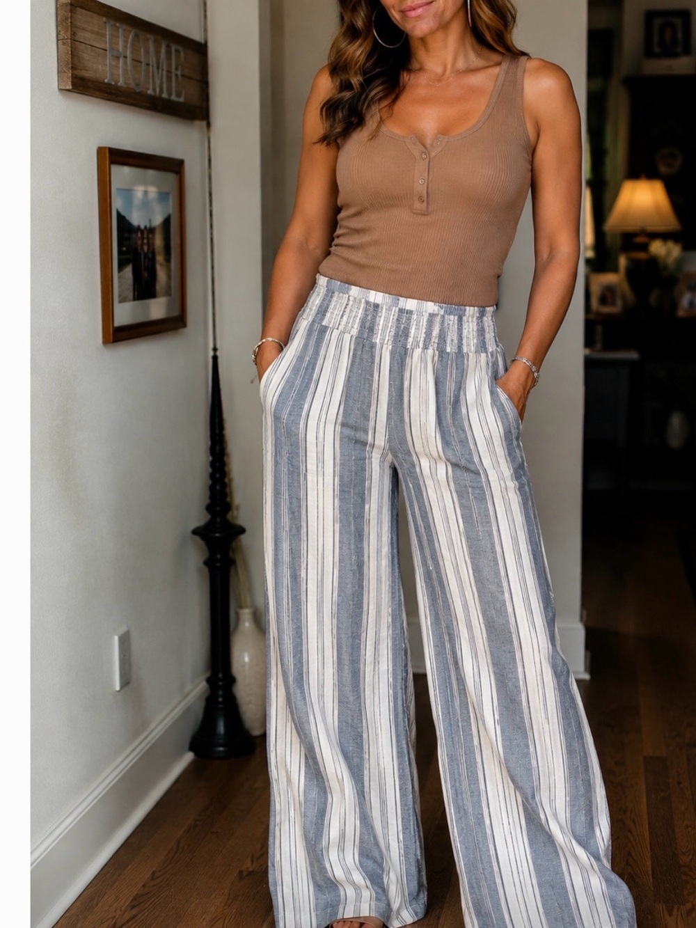 Indigo Rein Blue and White Striped linen blend pants